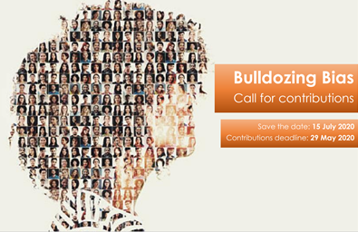 Image of Bulldozing Bias poster, advertising call for contributions for event on 15th July 2020. Image of a woman's side profile, made from a collage of portrait photos. 