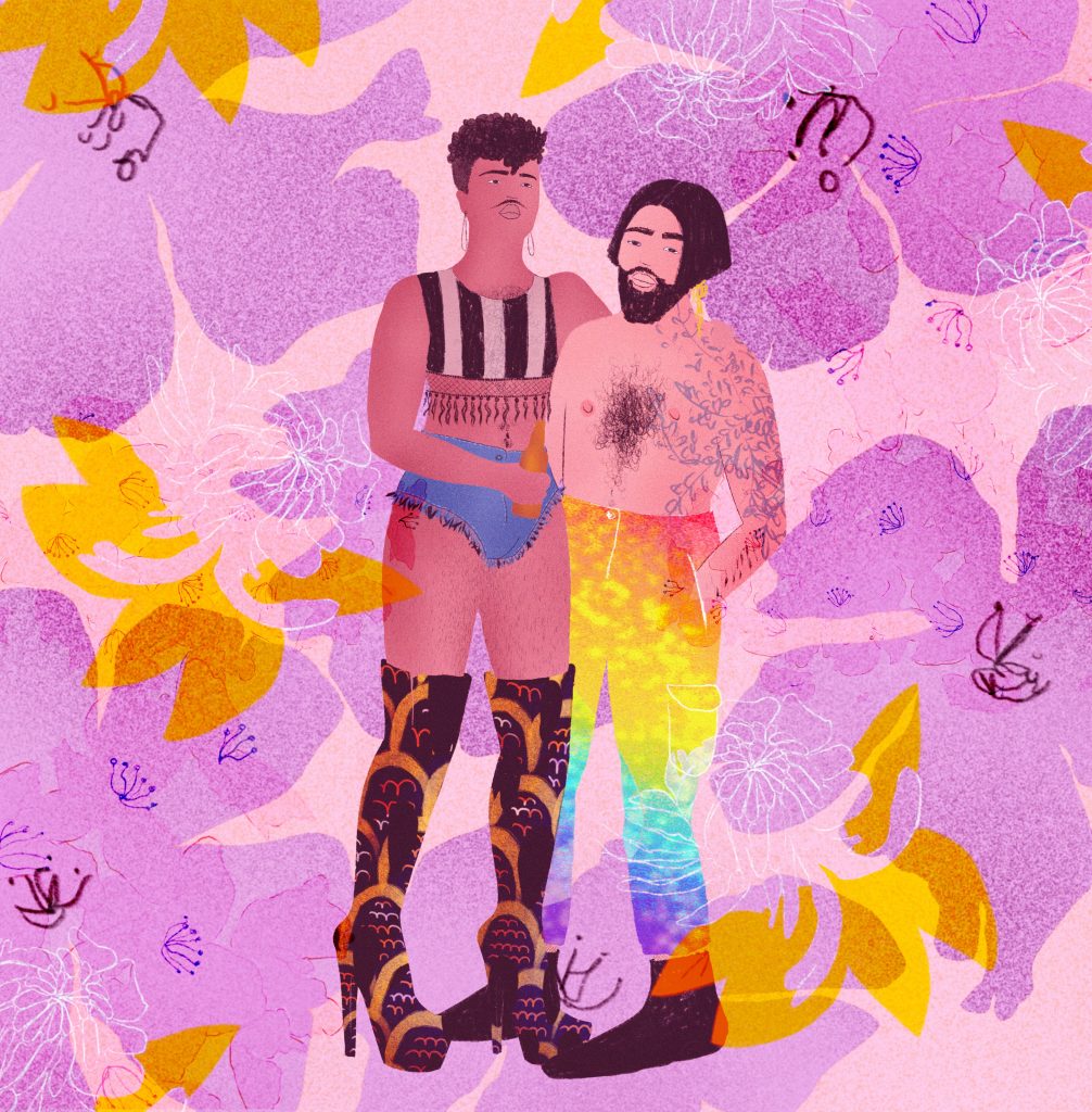the image shows an illustration of two men on a flowery, purple and orange background; the taller man wears a cropped top and denim shorts with thigh-high high heel boots, the shorter man wears rainbos coloured cargo trousers