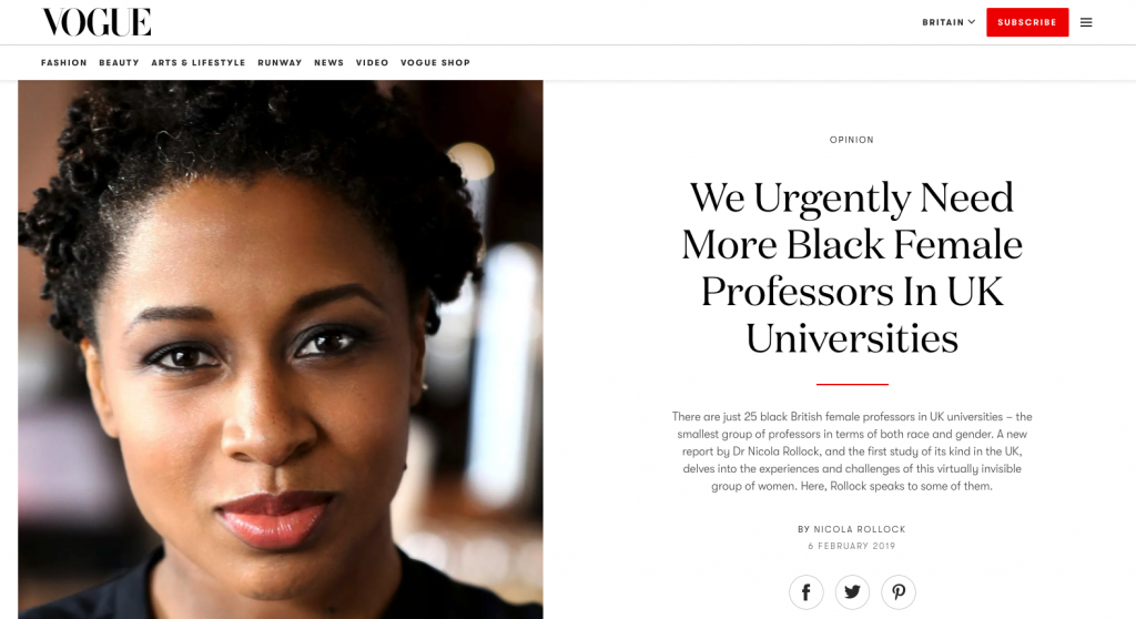 th image is a screenshot of Vogue website, showing a young black woman; the text reads - We urgently need more black female professors in the UK universities